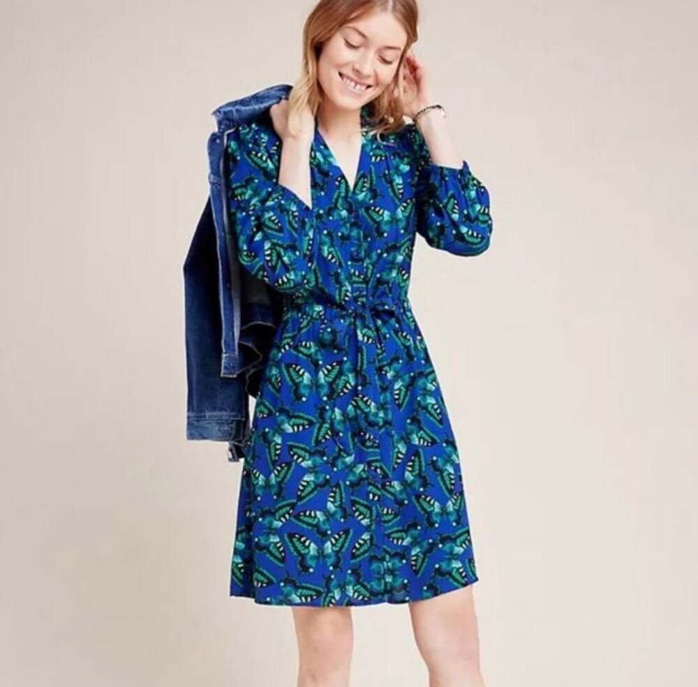 Maeve by Anthropologie Butterfly Print Shirt Dress, Blue and Green, Size Small